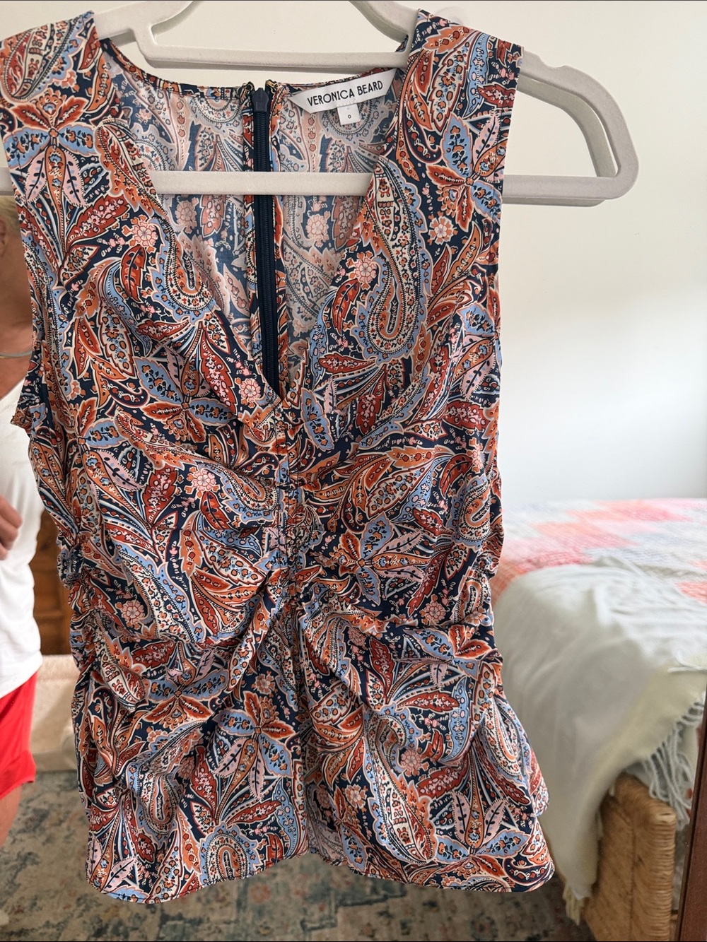Veronica Beard Coral and Blue Paisley Ruched Front